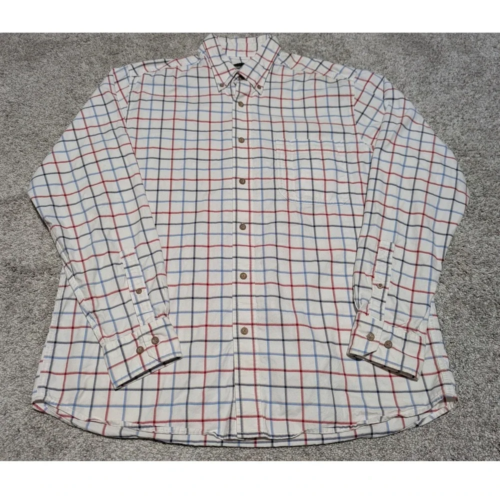 Eddie‎ Bauer Button Down Mens L White Red Blue Tattersall Plaid Cotton Shirt Top
